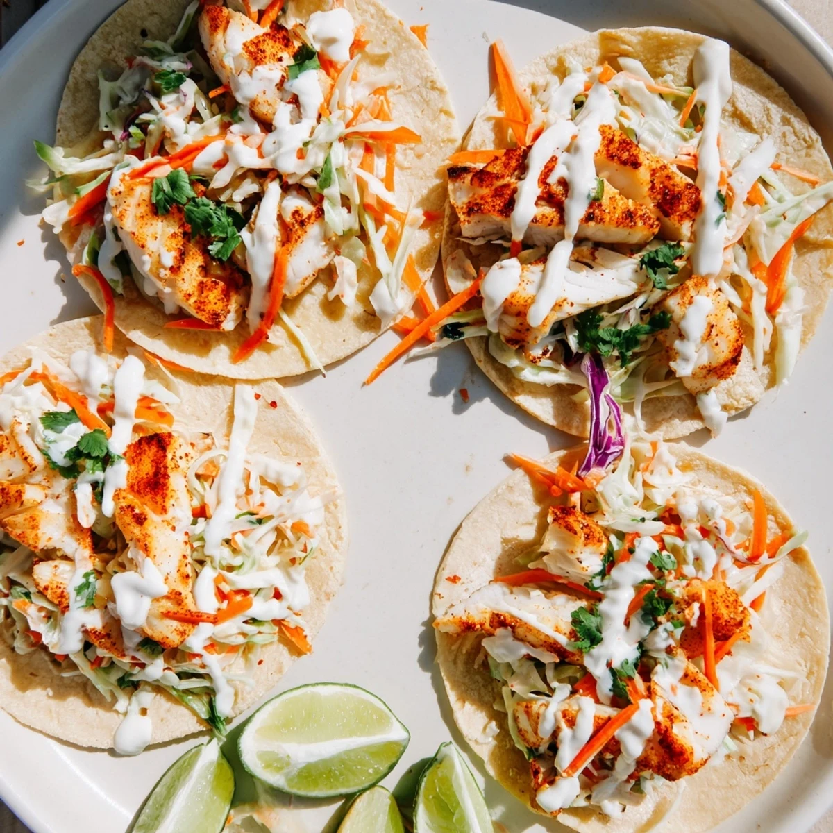 Fresh baked cod fish tacos arranged on a platter with avocado slices cilantro garnish and zesty lime crema