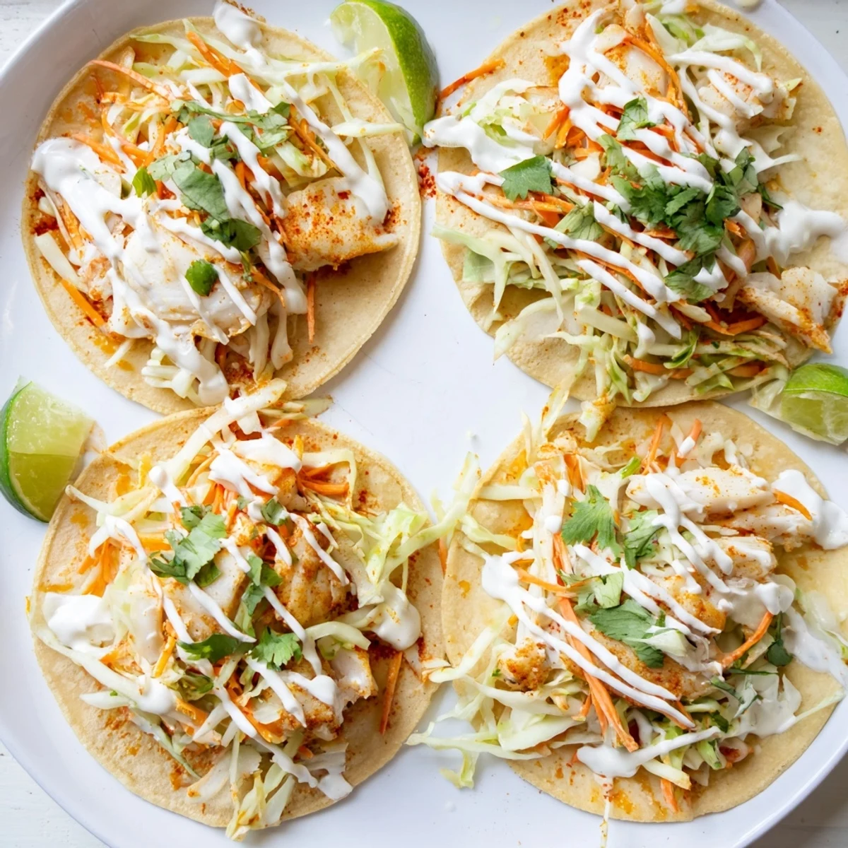 Flaky spice-rubbed cod nestled in corn tortillas topped with crisp cabbage slaw and tangy lime crema sauce