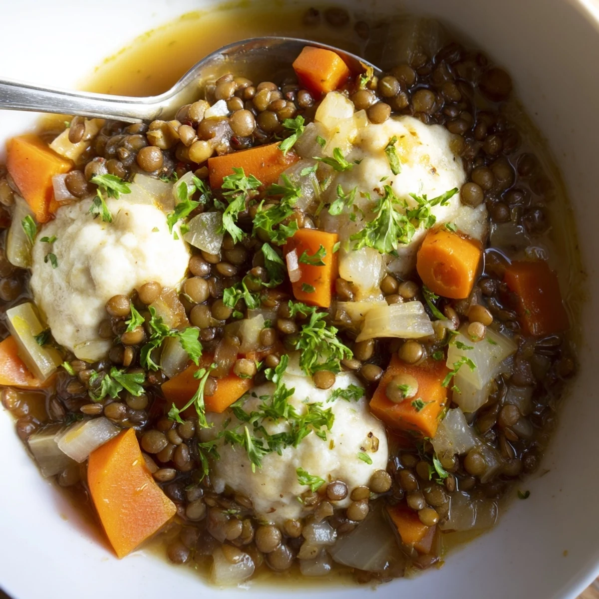 Hearty lentils with dumplings bubbling in a cast iron pot with fresh parsley garnish