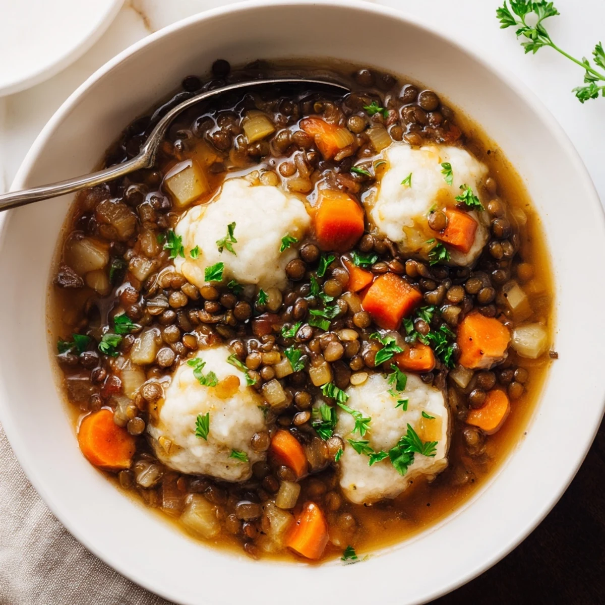 Golden brown fluffy dumplings steaming on top of rich lentil stew in a rustic pot