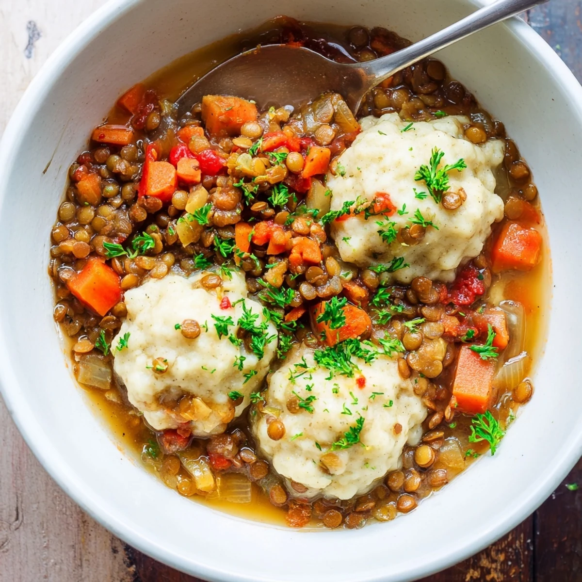 Savory lentil stew topped with light fluffy dumplings served in a cozy white bowl
