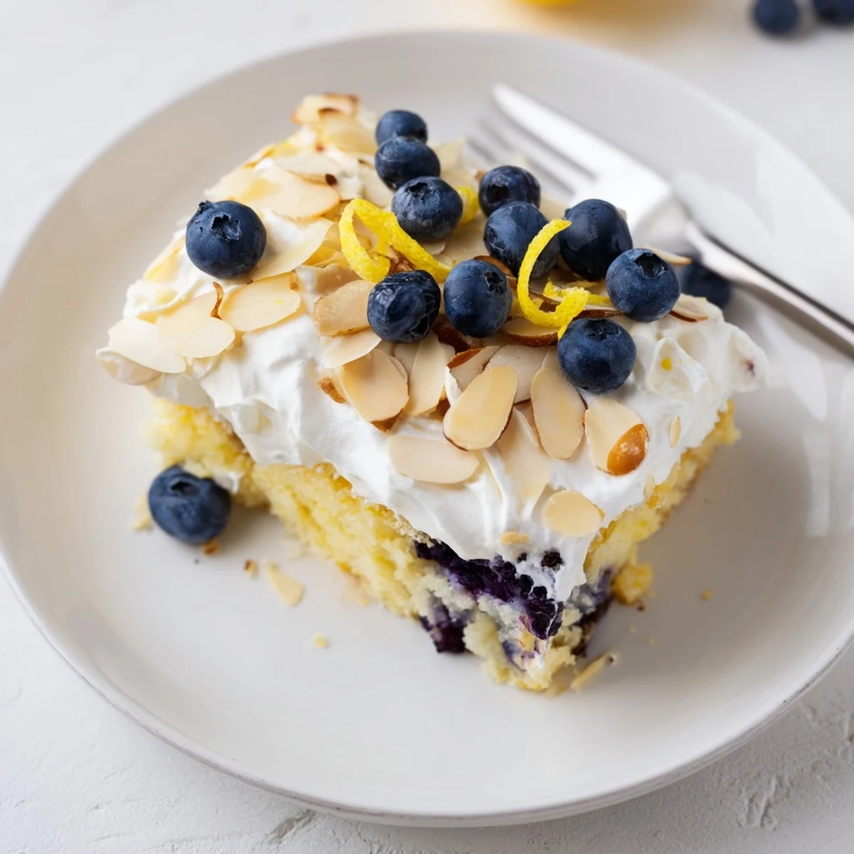 Moist lemon blueberry poke cake topped with sweet cream and crunchy sliced almonds