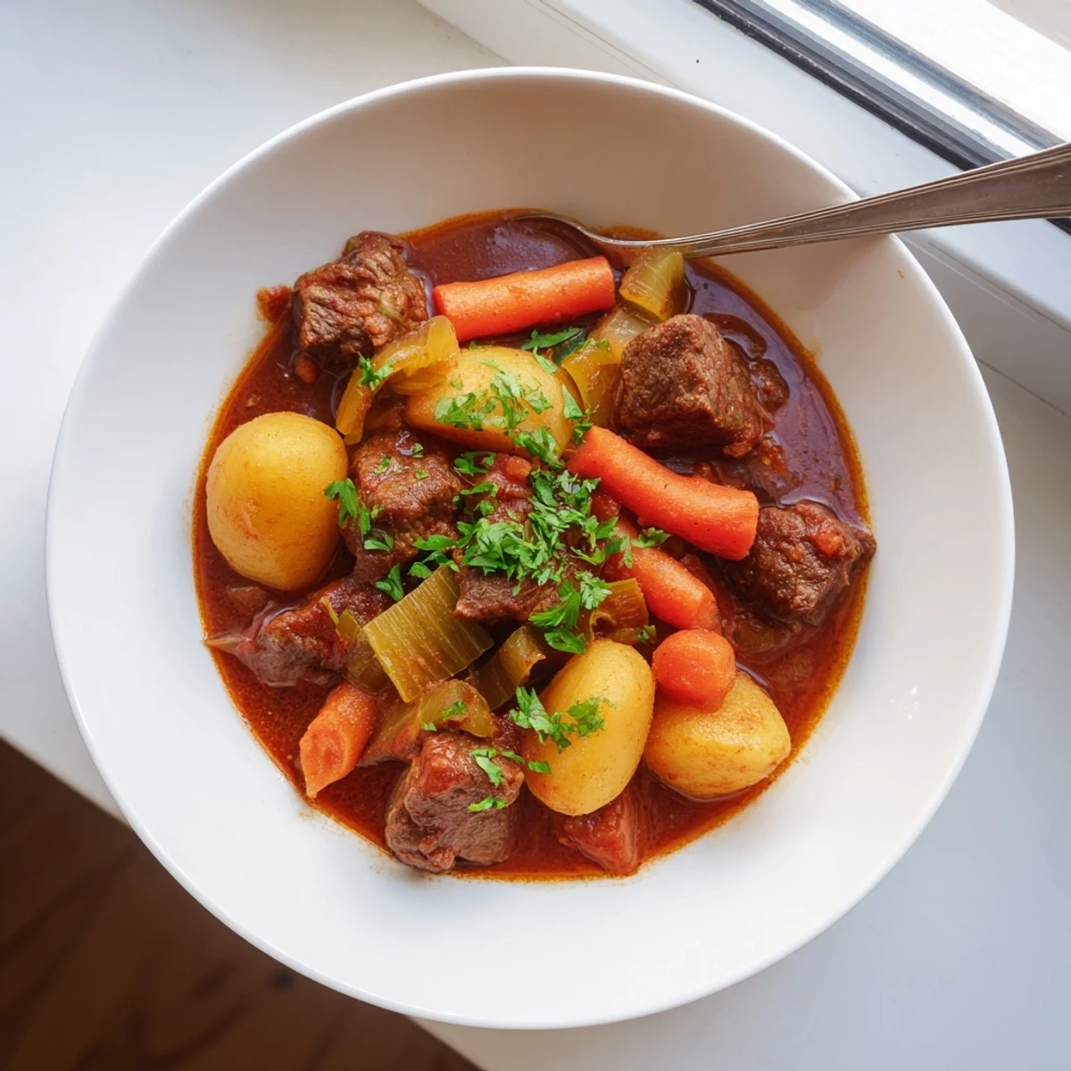 Steaming bowl of Spezzatino Di Manzo Italian beef stew with tender beef cubes, potatoes, and carrots in rich red wine sauce