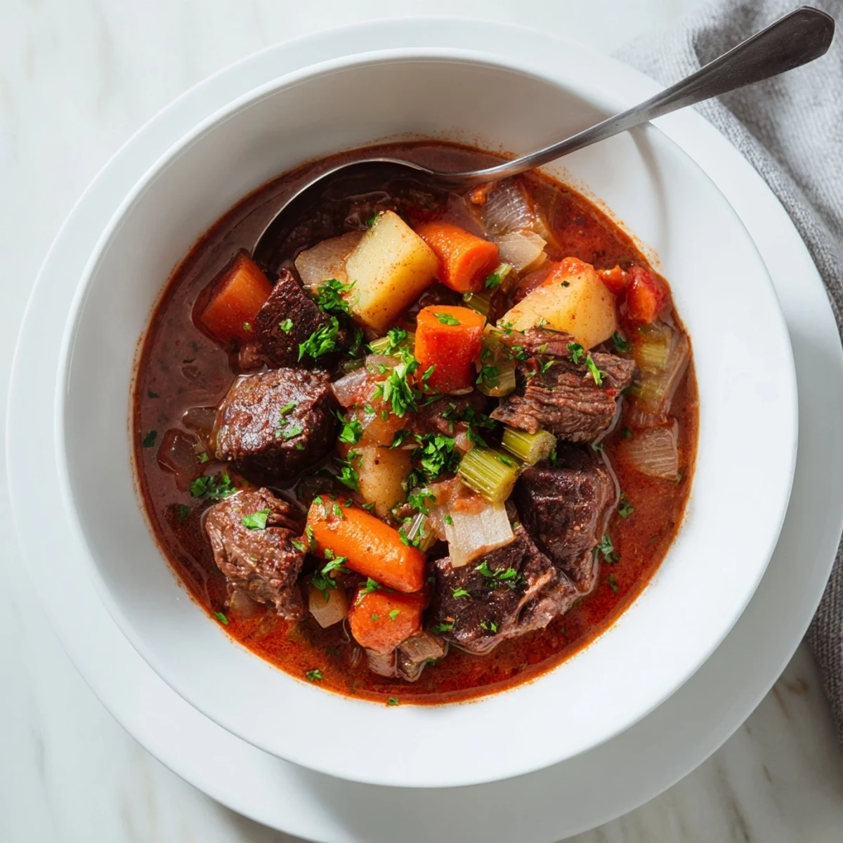 Golden brown beef chunks nestled in rustic Spezzatino Di Manzo Italian beef stew with vegetables and aromatic herbs