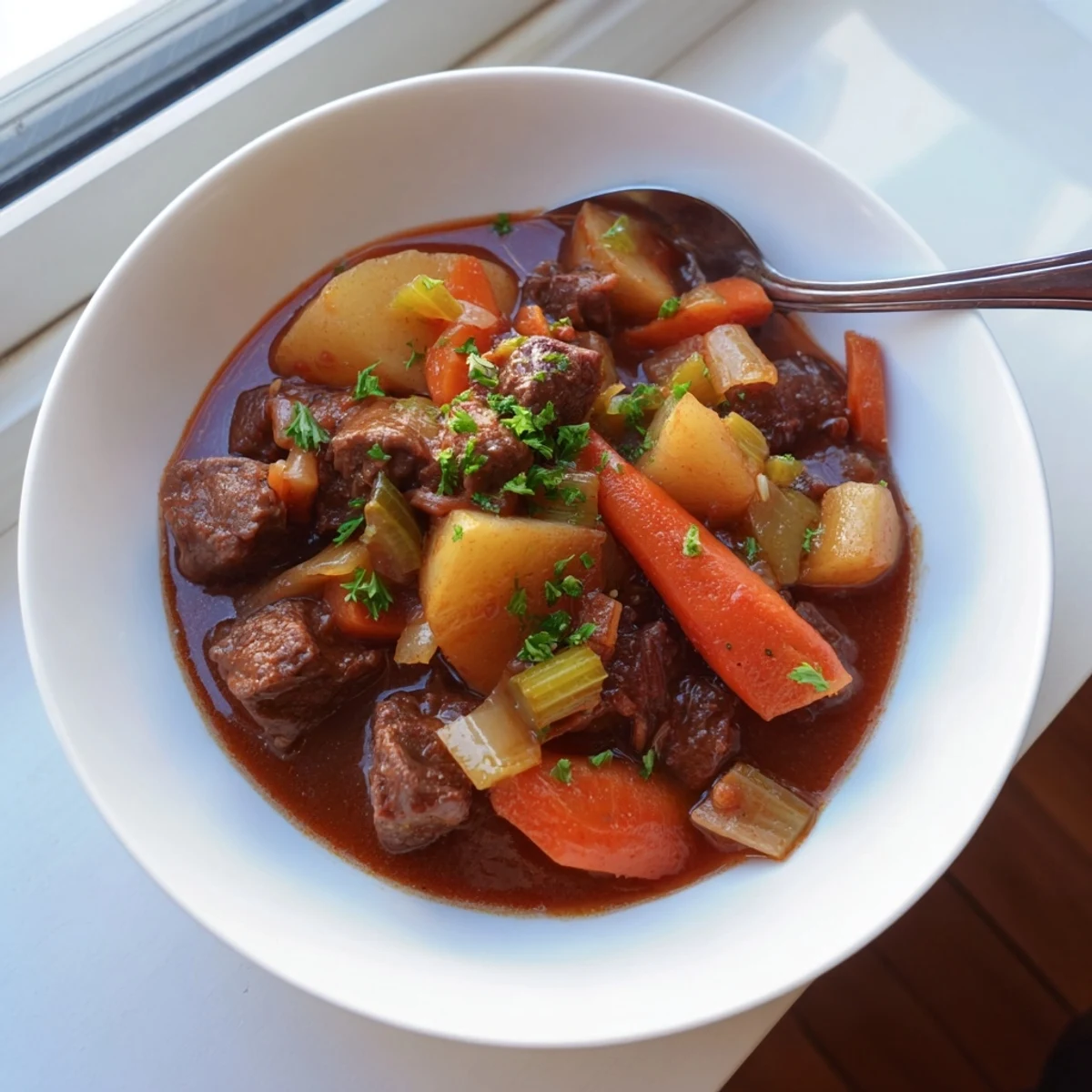 Hearty Spezzatino Di Manzo Italian beef stew featuring fall-apart beef, celery, onions, and potatoes in savory tomato broth