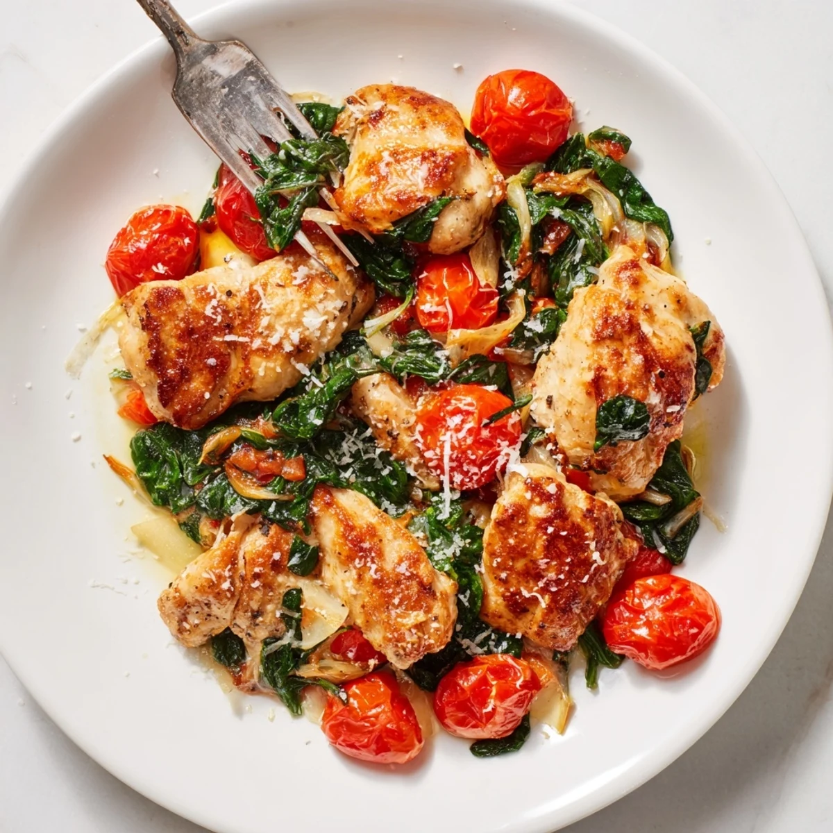 Golden pan-seared chicken breasts nestled in a vibrant tomato and spinach sauce