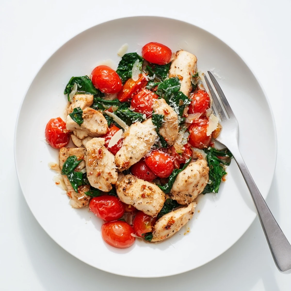 Savory tomato spinach chicken topped with melted Parmesan in a rustic cast iron skillet