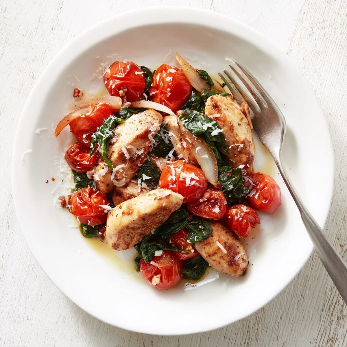 Tender chicken pieces simmered with wilted fresh spinach and juicy cherry tomatoes