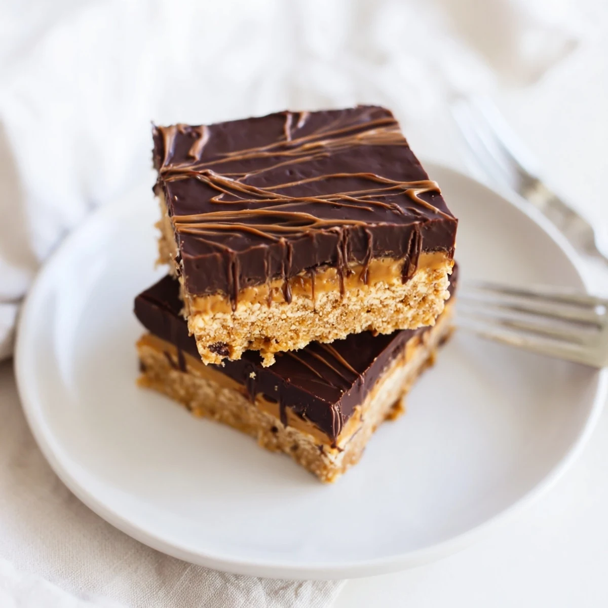 Golden no-bake peanut butter bars layered with glossy chocolate topping on a white plate