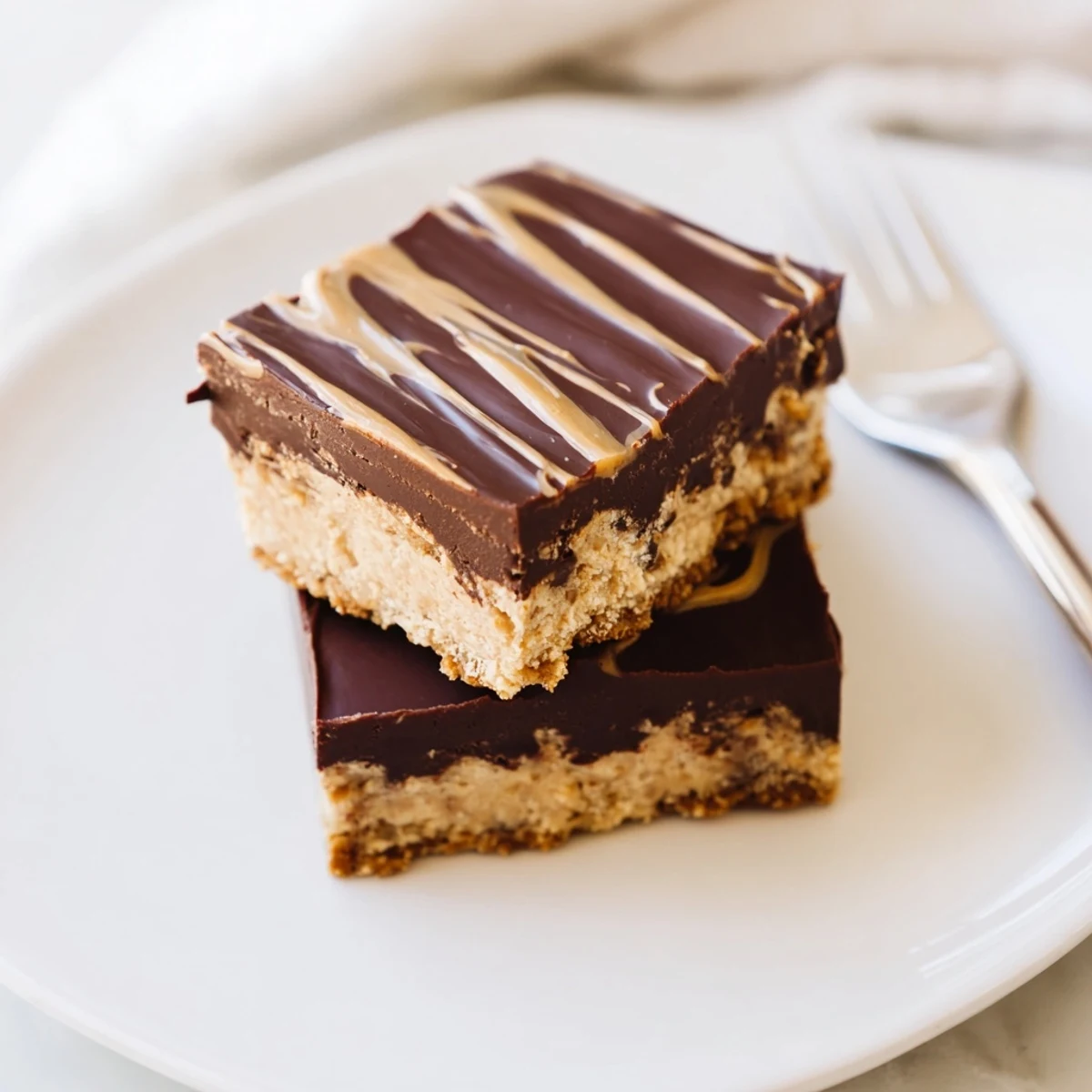 Creamy peanut butter dessert bars with rich melted chocolate drizzle cut into squares