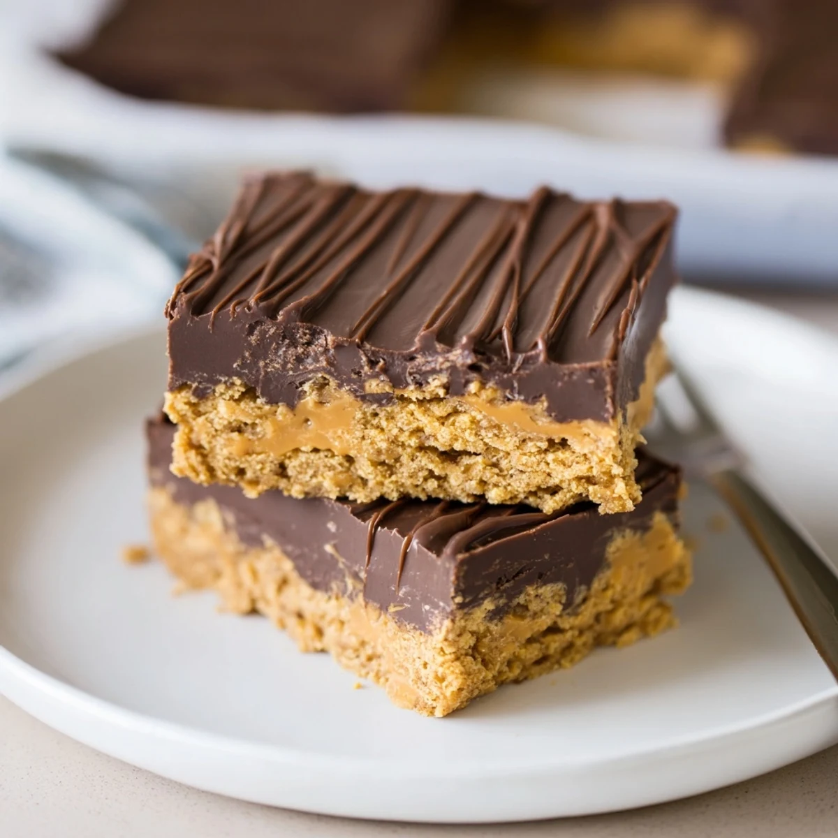 Homemade peanut butter bars featuring smooth chocolate glaze on a crumbly graham cracker base