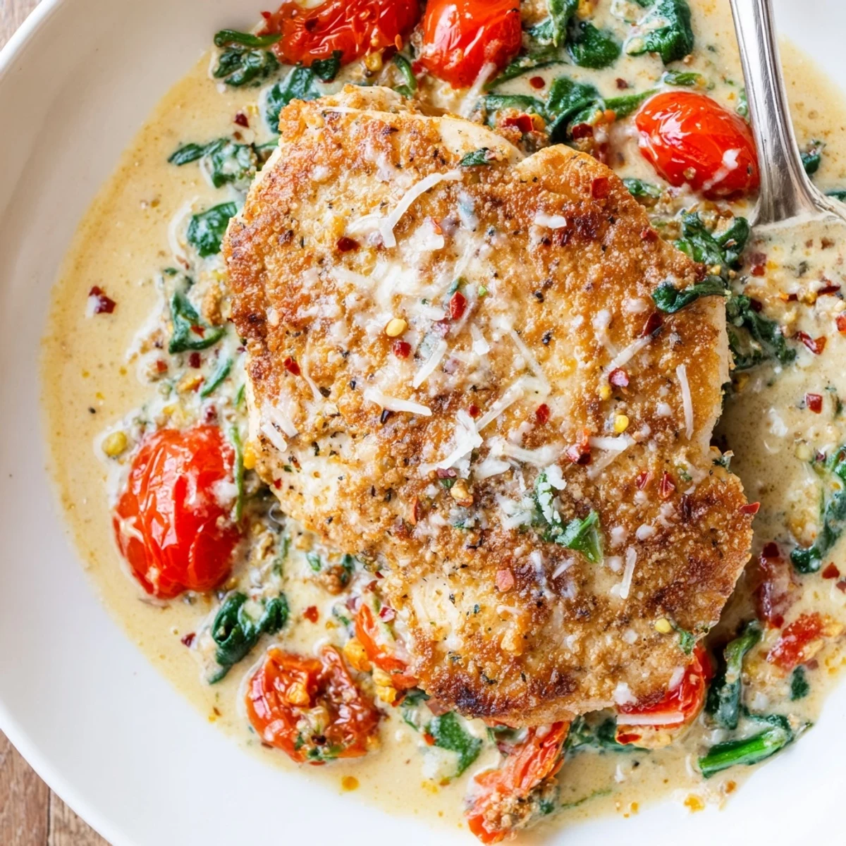 Tomato Spinach White Wine Chicken simmering in skillet with juicy tomatoes, wilted spinach