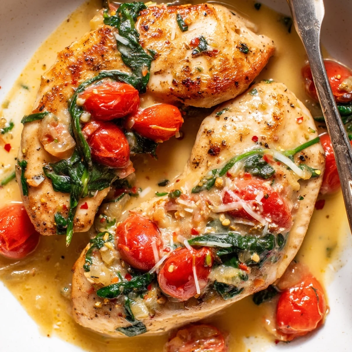 Rustic Tomato Spinach White Wine Chicken plated with crusty bread, garlic aroma