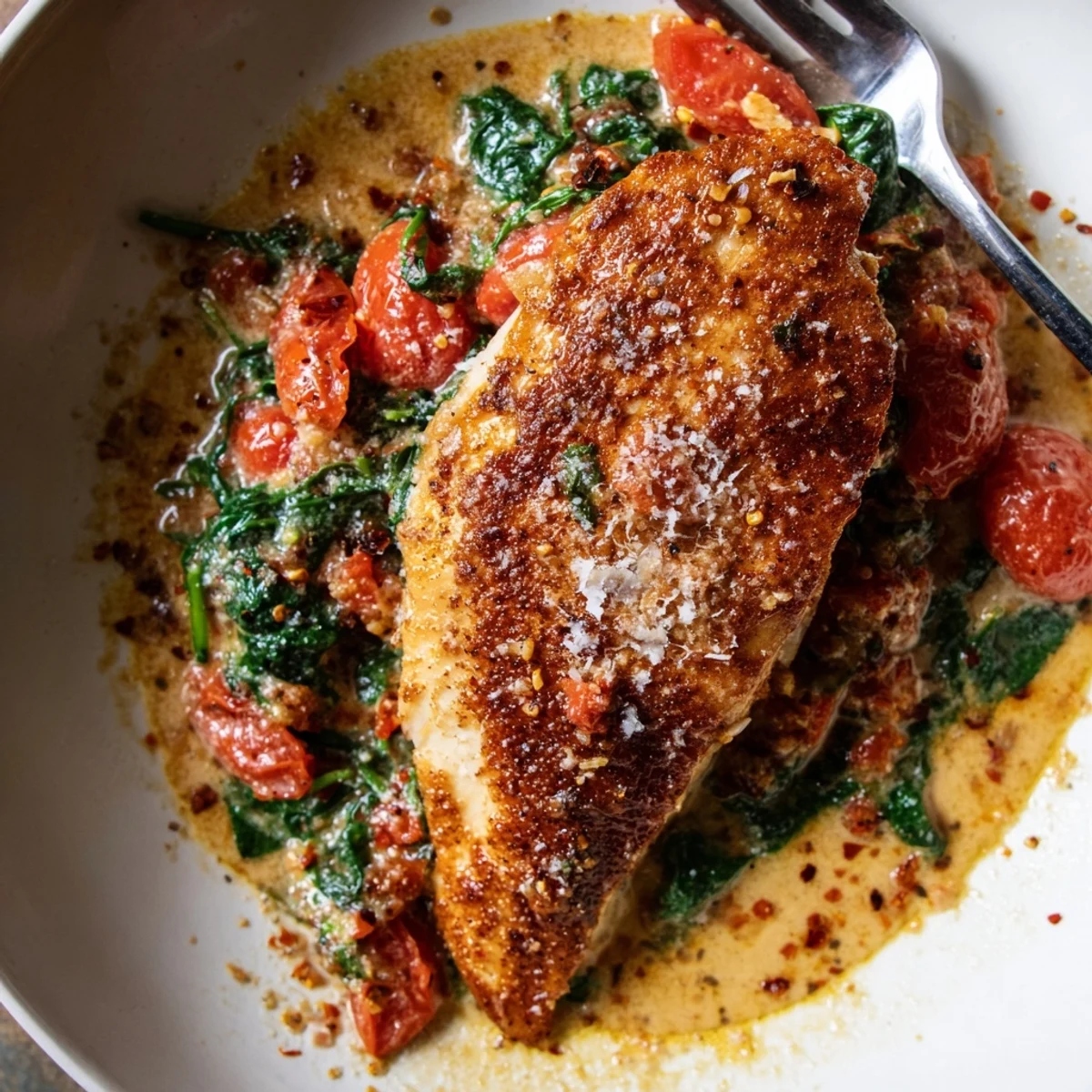 Seared breasts in Tomato Spinach White Wine Chicken, bright tomatoes and melted Parmesan