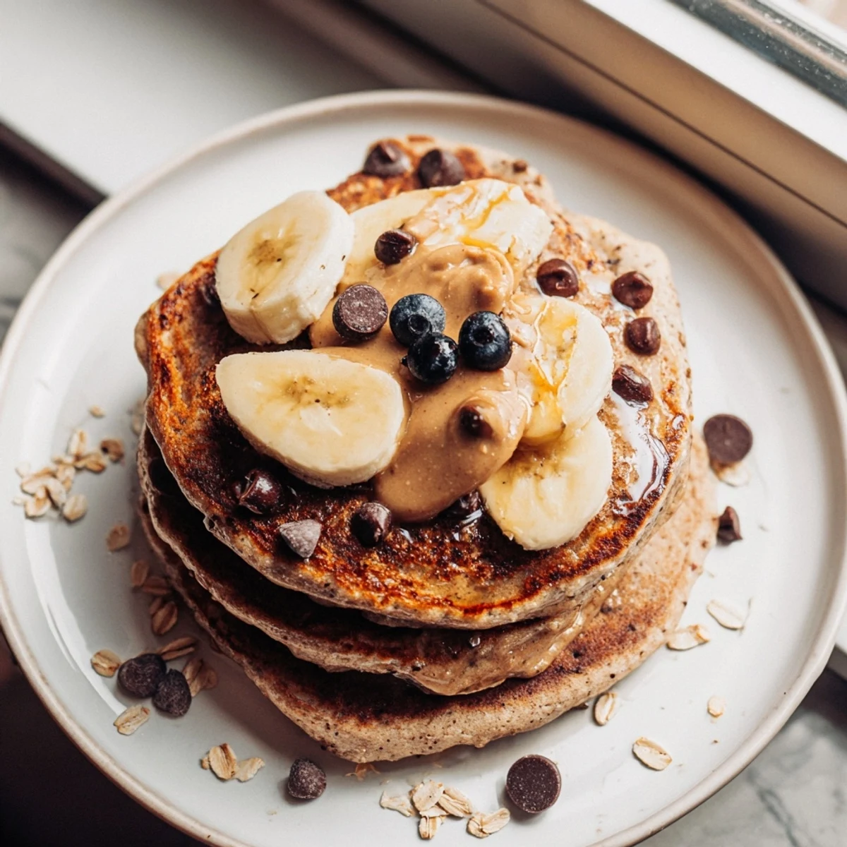 Protein Banana Pancakes stacked, golden edges steaming with sliced bananas and syrup