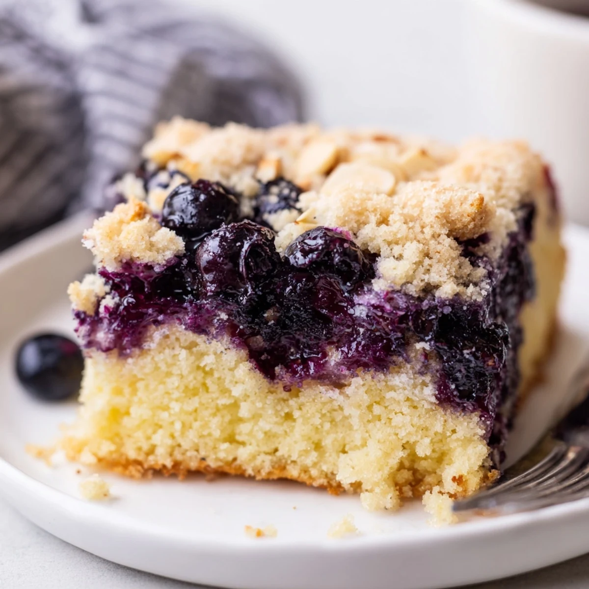 Lemon Blueberry Poke Cake With Almond Topping served chilled on plate, crunchy toasted almonds