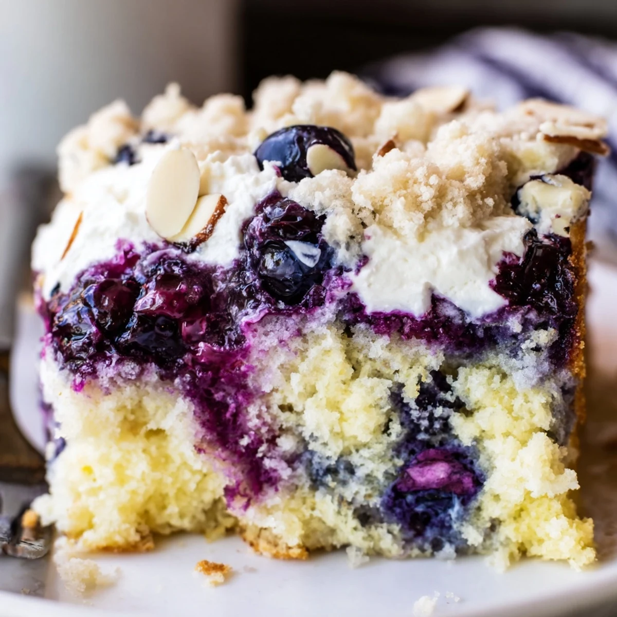 Lemon Blueberry Poke Cake With Almond Topping, velvety almond cream and jewel-like blueberry pools