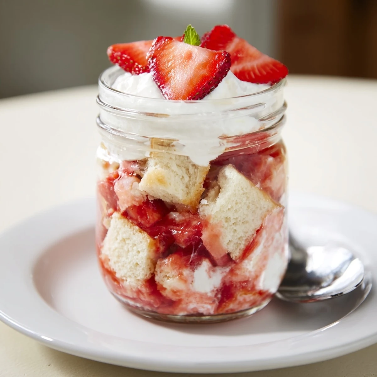 Individual Strawberry Shortcake Trifles in glass jars, shortcake crumbs and syrupy juices