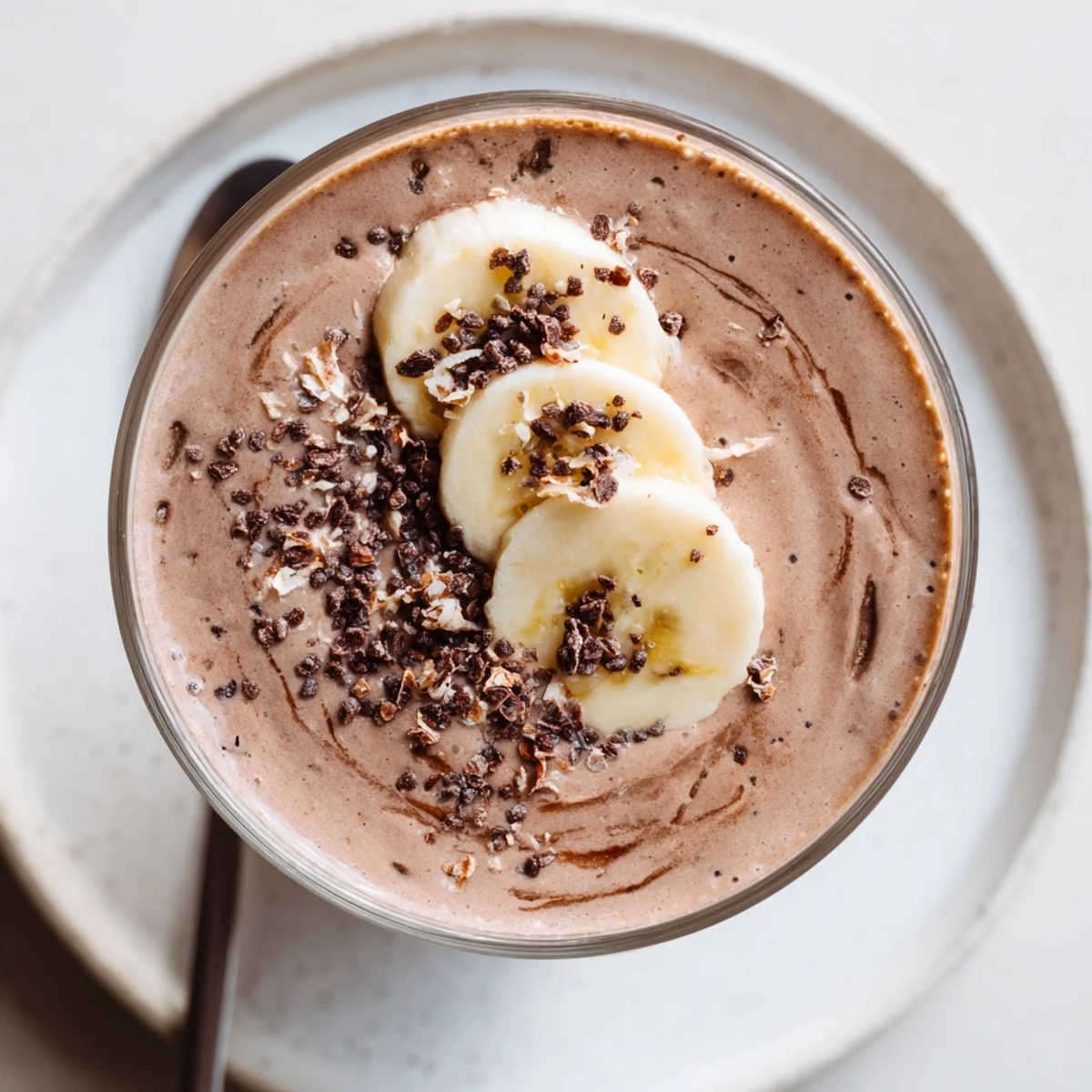 Iced Raw Chocolate Banana Shake poured into glass, velvety chocolate banana aroma