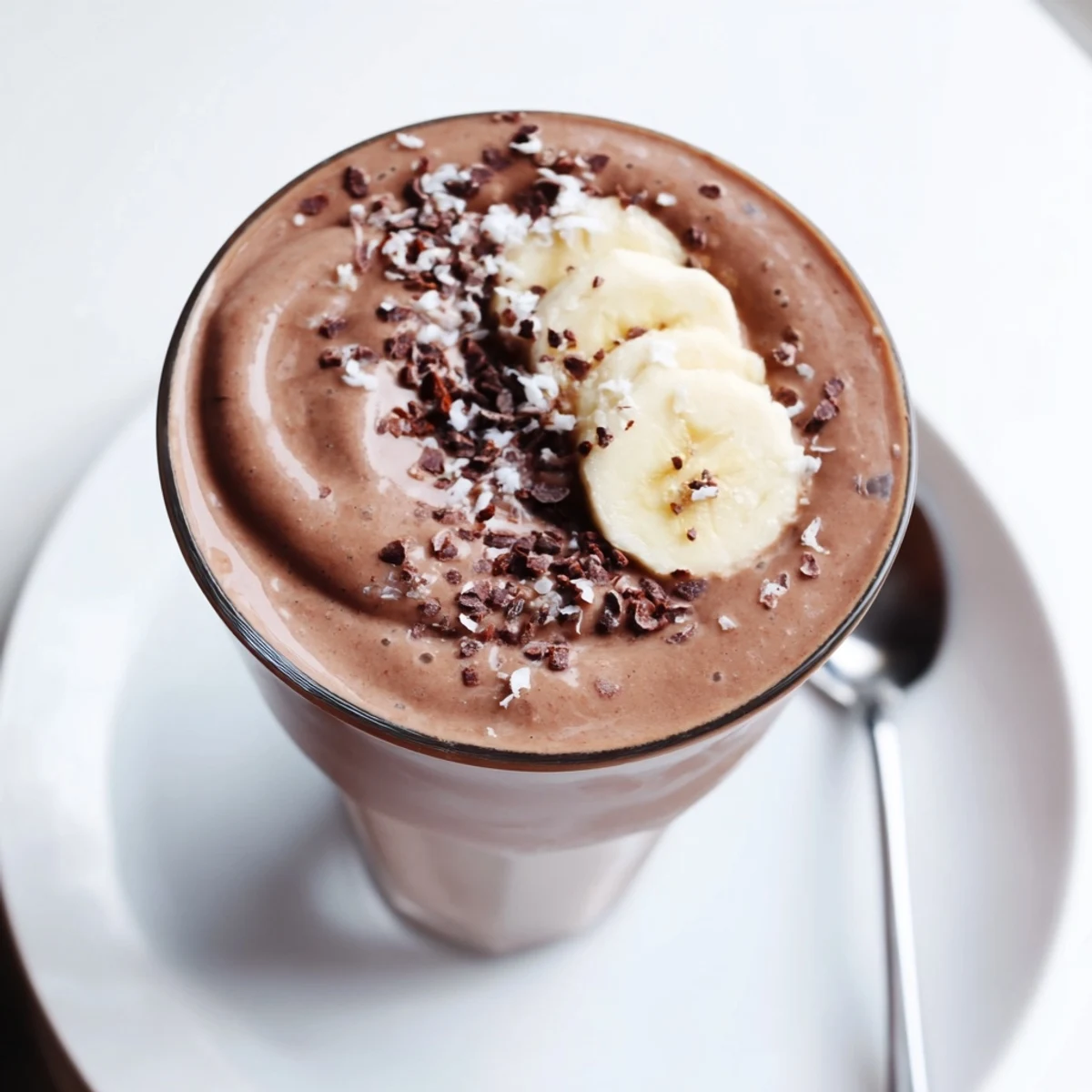 Raw Chocolate Banana Shake glistening in glass, creamy, rich, topped with banana slice