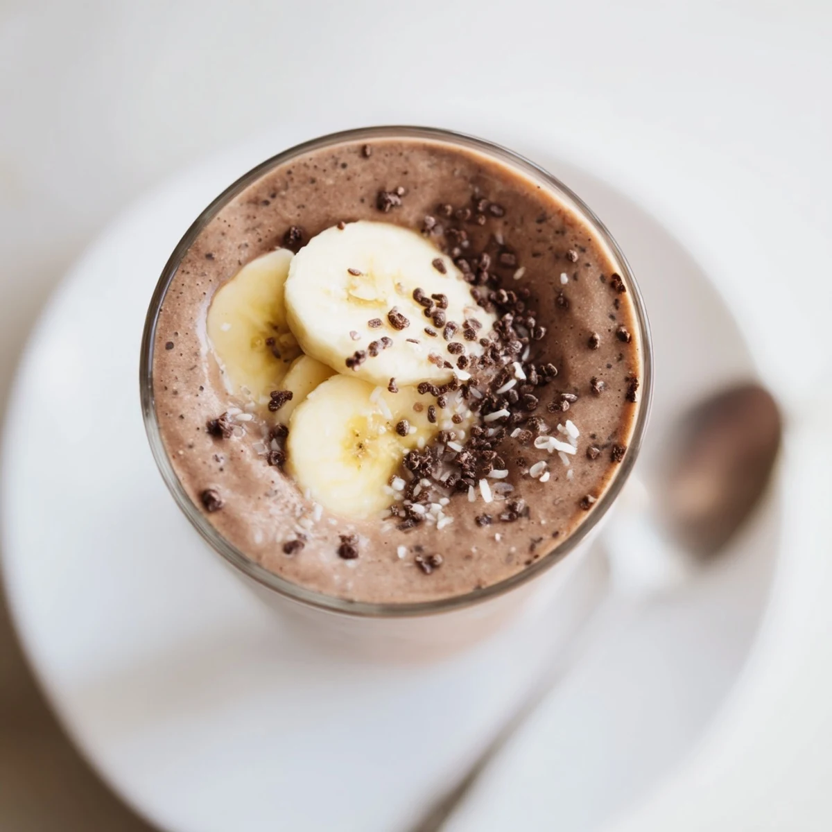 Raw Chocolate Banana Shake served for breakfast, garnished with cacao nibs and sliced banana