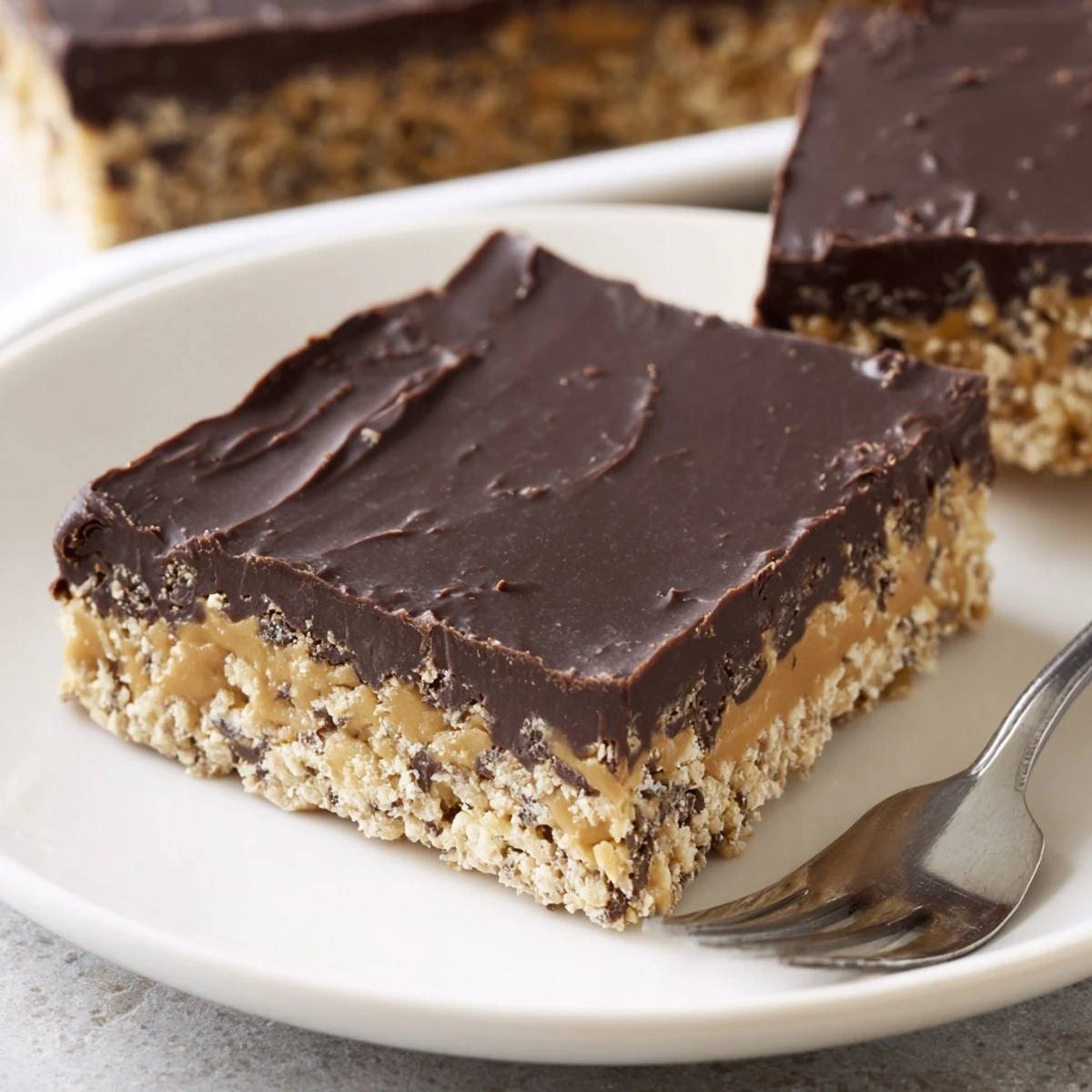 Chewy Peanut Butter Bars chilled on parchment, glossy chocolate topping and crumbs.