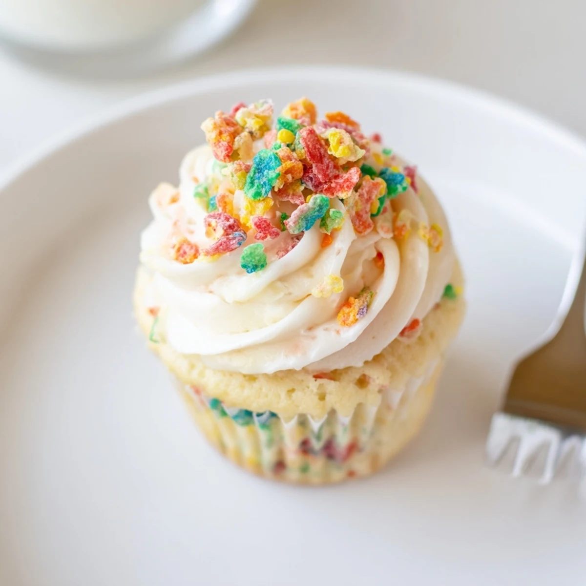 Creamy Fruity Pebbles Cereal Frosting piped on vanilla cupcakes, colorful crunch.