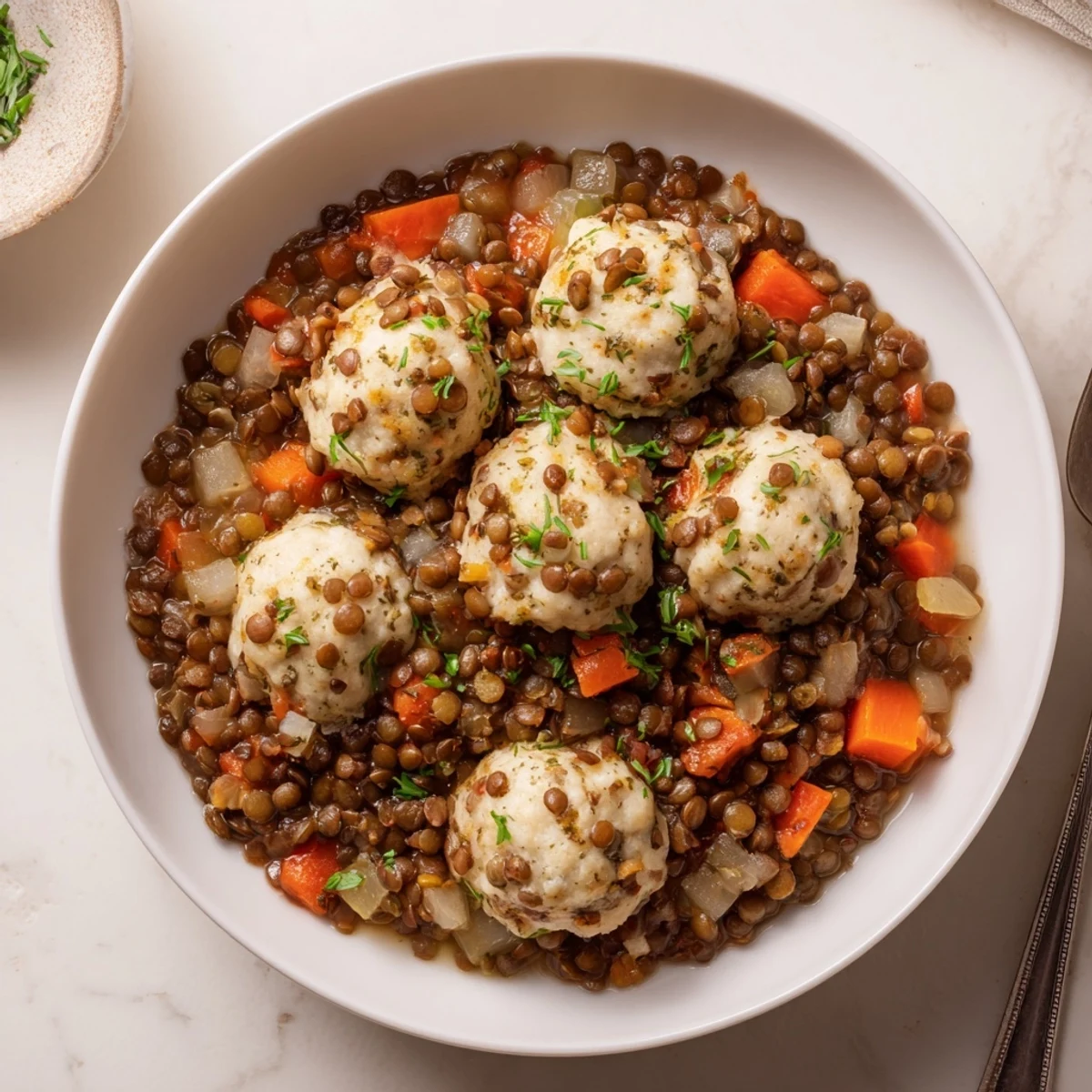Rustic bowl of Lentils With Dumplings, tender lentils served with crusty bread