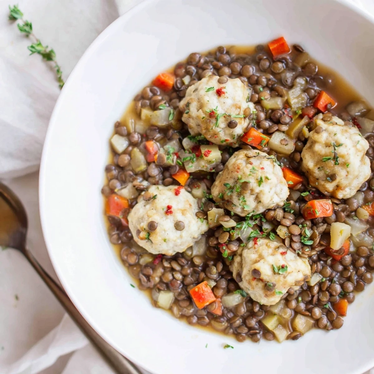 Hearty stew of Lentils With Dumplings, steaming broth and fresh parsley