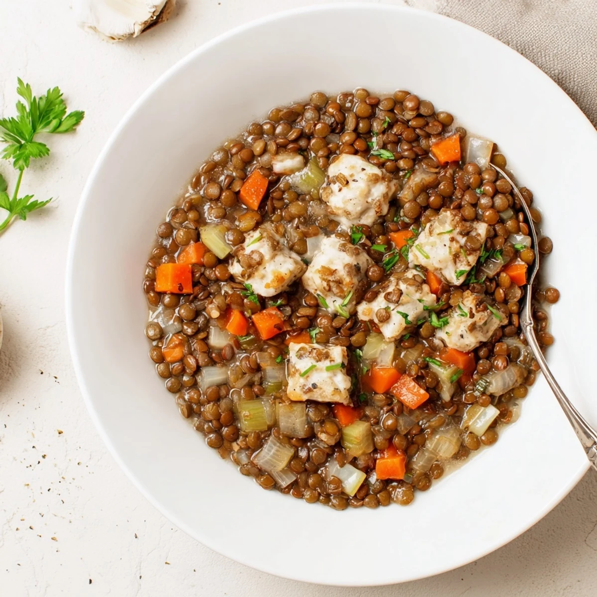 Spoon lifting fluffy dumpling from Lentils With Dumplings, savory aroma rising