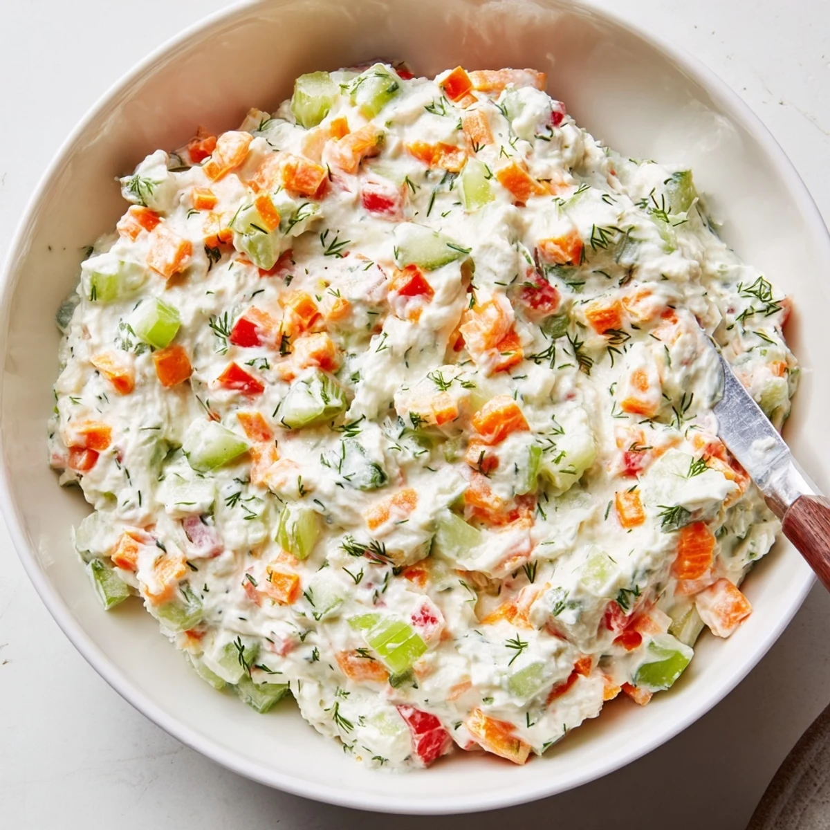 Colorful, creamy Garden Vegetable Spread Recipe in bowl garnished with parsley  