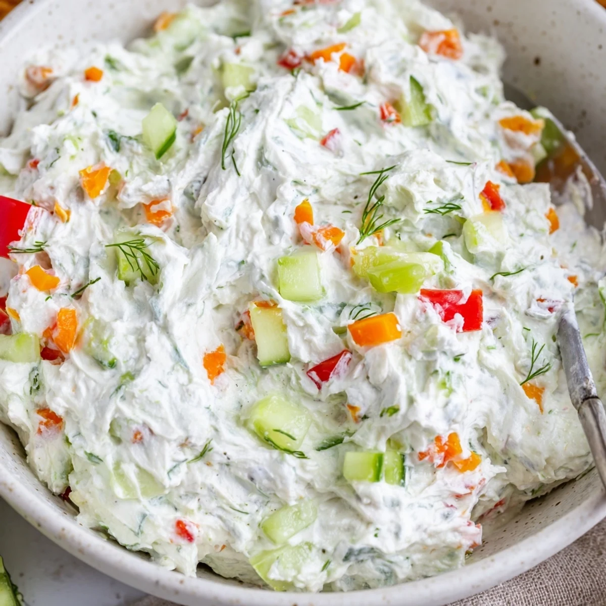 Bright lemon-kissed Garden Vegetable Spread Recipe spooned onto crackers for entertaining  