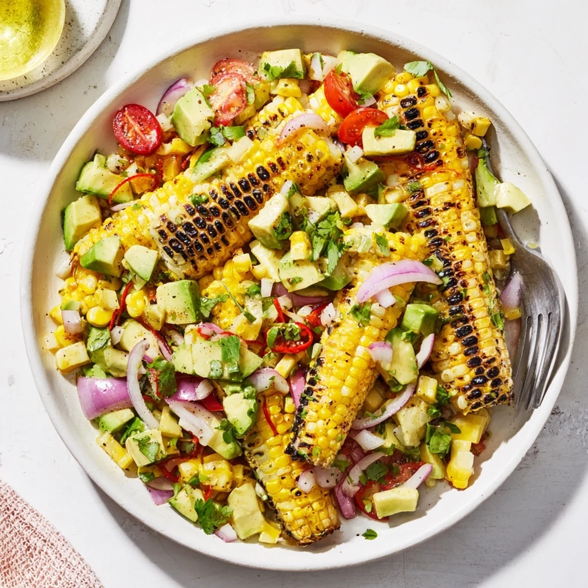 Tropical Charred Corn And Avocado Salad with sweet charred kernels, zesty lime.