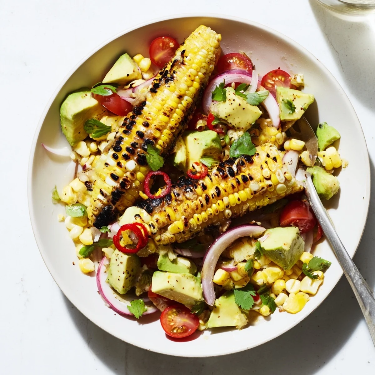 Tropical Charred Corn And Avocado Salad served chilled, creamy avocado, bright cilantro.