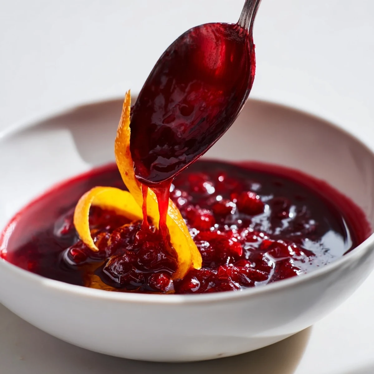 Homemade Cranberry Syrup simmered until glossy, strained and poured over yogurt