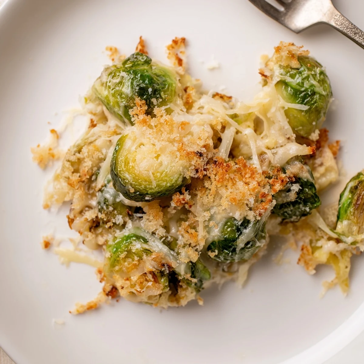 Golden-brown Creamy Parmesan Brussels Sprouts Casserole, steaming and irresistibly cheesy