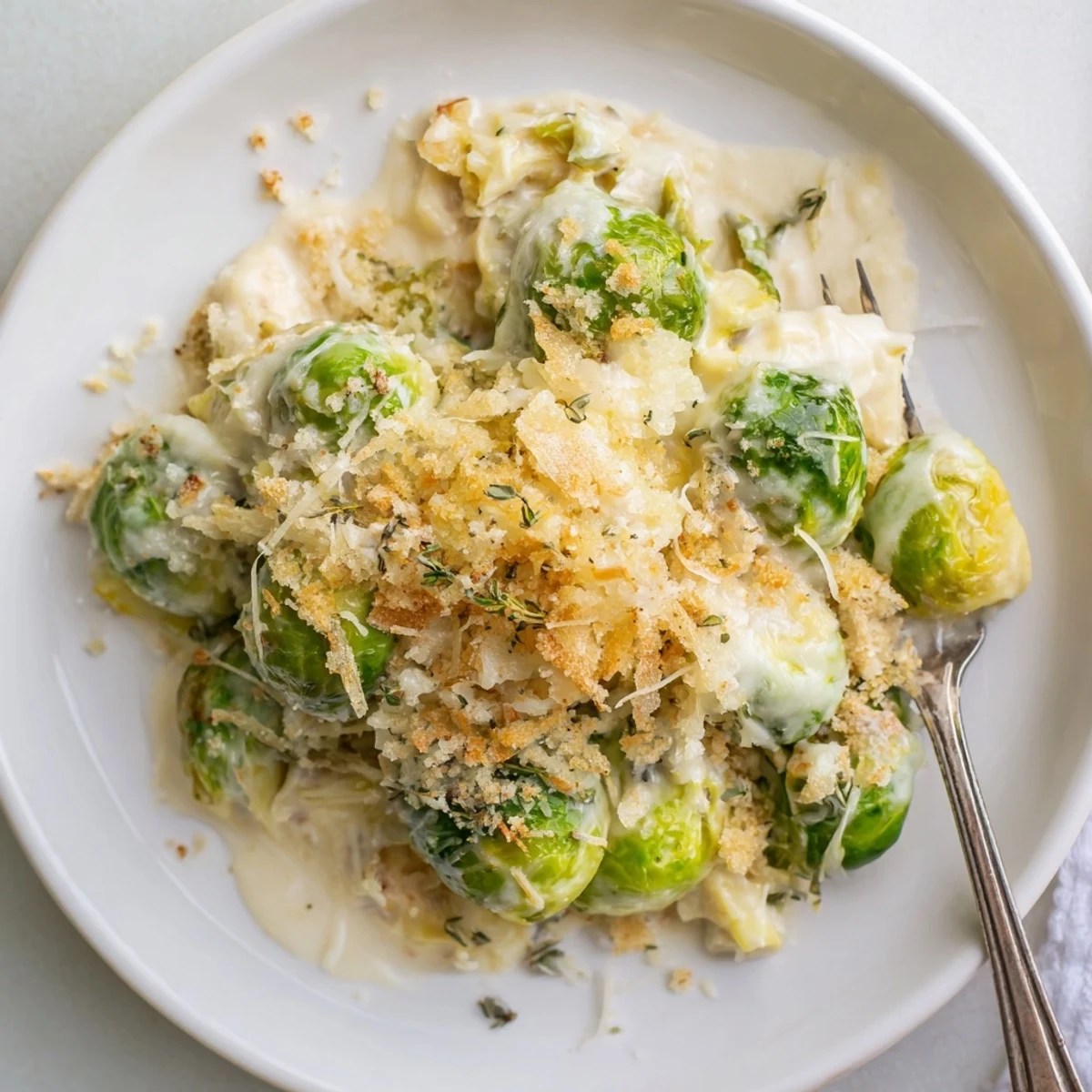 Sliced and tender, Creamy Parmesan Brussels Sprouts Casserole with crunchy breadcrumb topping
