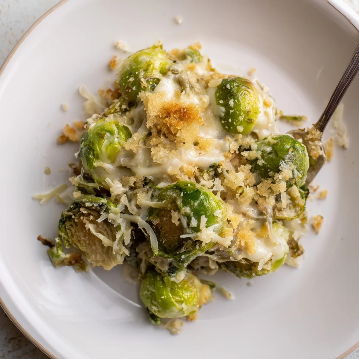 Serve Creamy Parmesan Brussels Sprouts Casserole warm alongside roasted turkey or salad