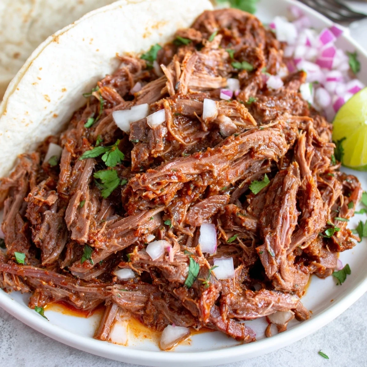 Fork-tender Slow Cooker Beef Barbacoa piled on warm corn tortillas with lime