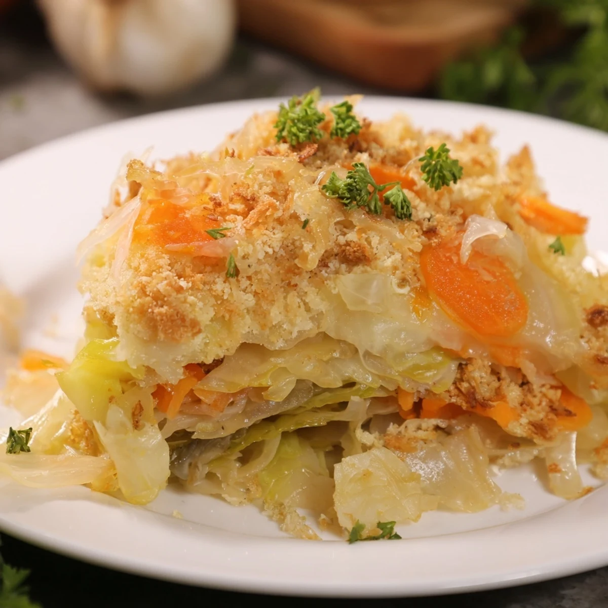 Slow Roasted Cabbage And Sauerkraut Casserole with golden breadcrumb crust, steaming