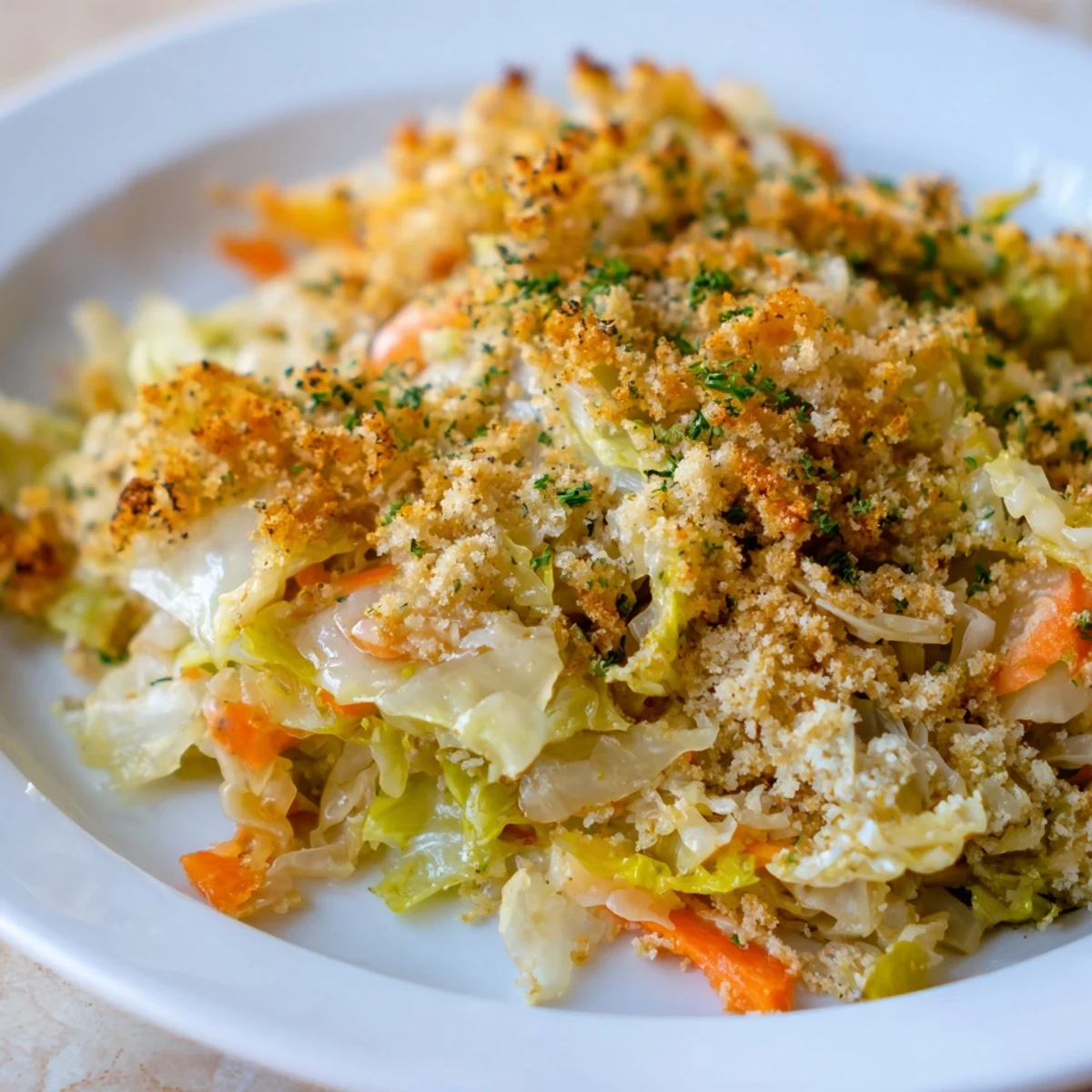 Tender, bubbling layers of herbs and vegetables in Slow Roasted Cabbage And Sauerkraut Casserole