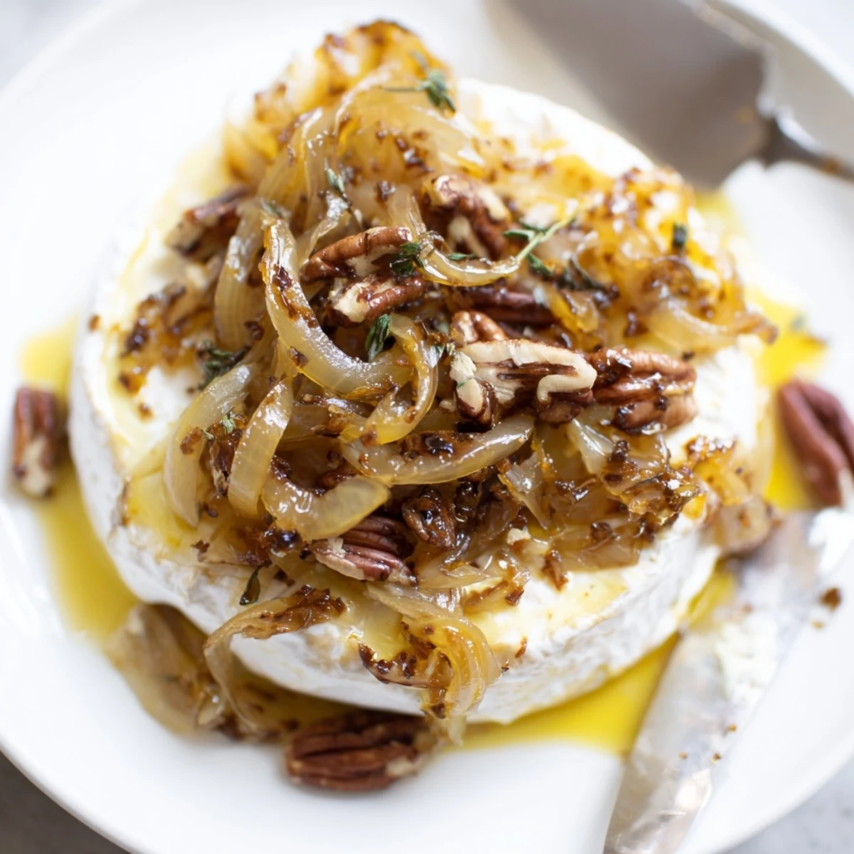 Baked Brie With Caramelized Onions And Pecans warm, gooey center with crunchy pecan topping  