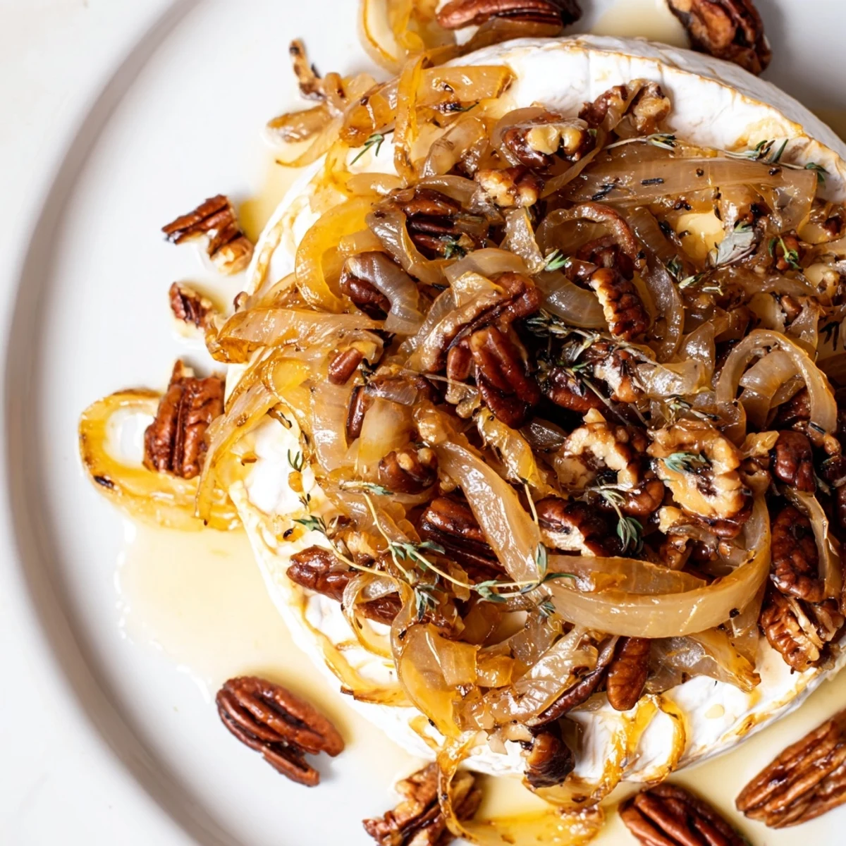 Baked Brie With Caramelized Onions And Pecans golden onions and toasted pecans atop melted cheese, baguette nearby  