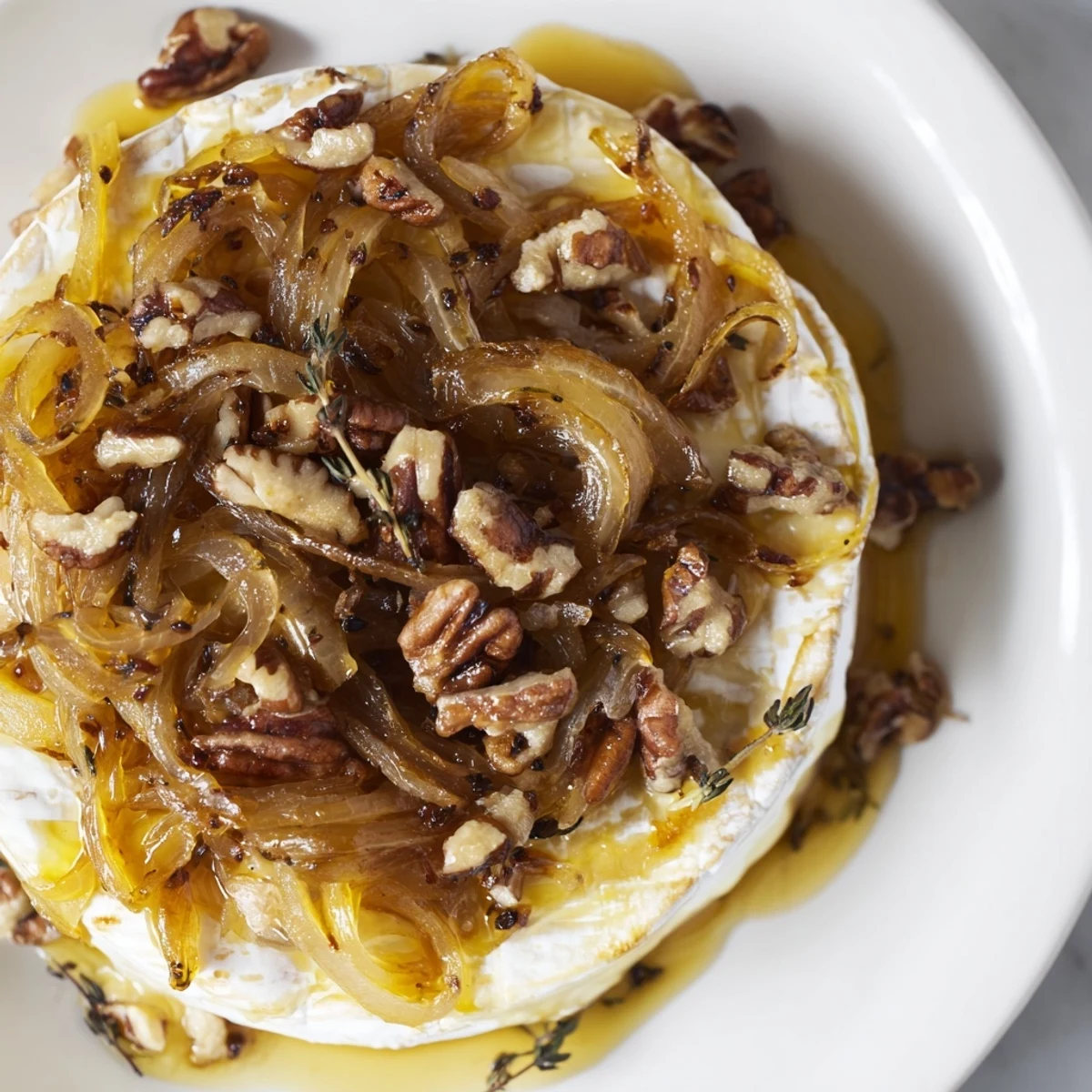 Baked Brie With Caramelized Onions And Pecans oven-baked until melty, served warm with assorted crackers