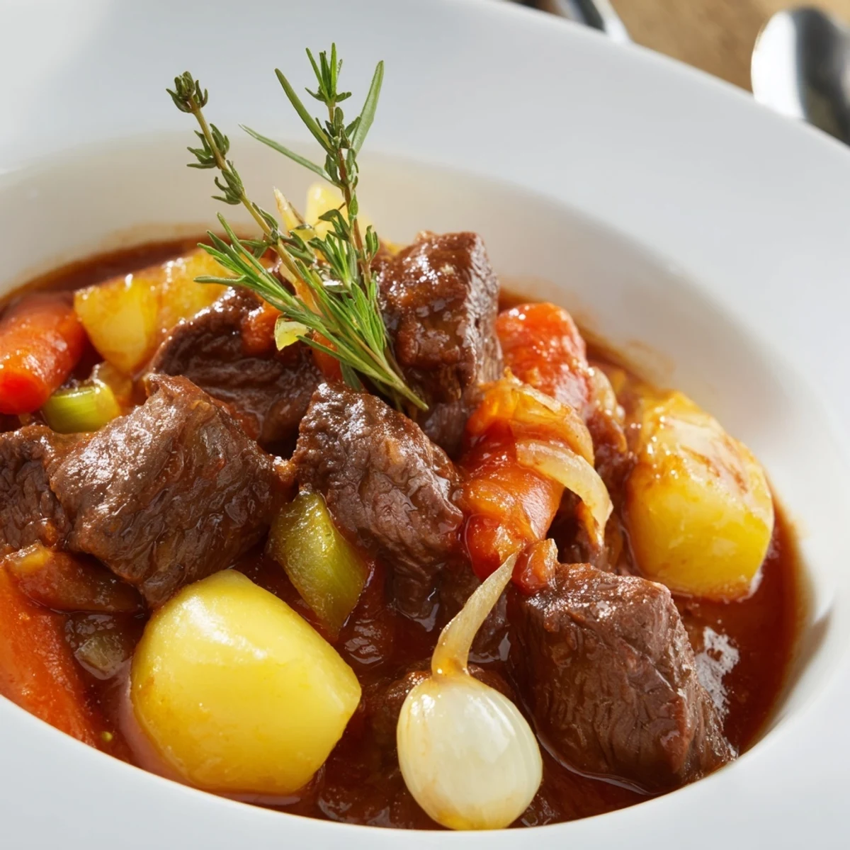 Spezzatino Di Manzo Italian Beef Stew simmering in a rustic pot, steaming