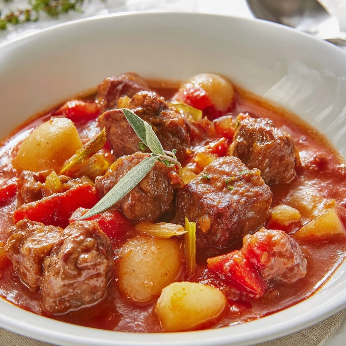 Hearty Spezzatino Di Manzo Italian Beef Stew ladled over creamy polenta, aromatic