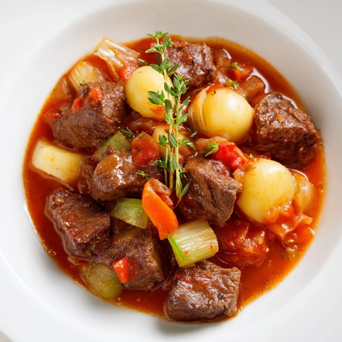 Tender Spezzatino Di Manzo Italian Beef Stew with carrots and rosemary, slow-cooked