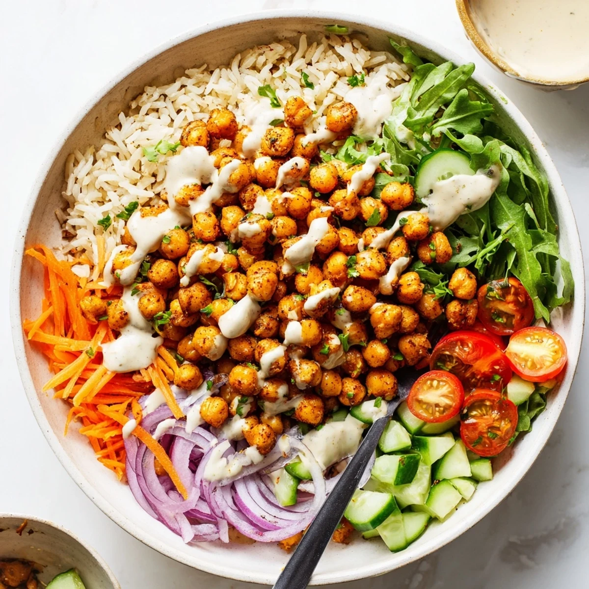 Golden roasted chickpea shawarma bowl drizzled with creamy tahini over fresh greens and grains