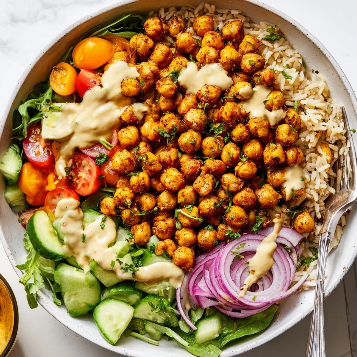 Crispy spiced chickpea shawarma bowl topped with vibrant vegetables and a rich lemon-tahini drizzle