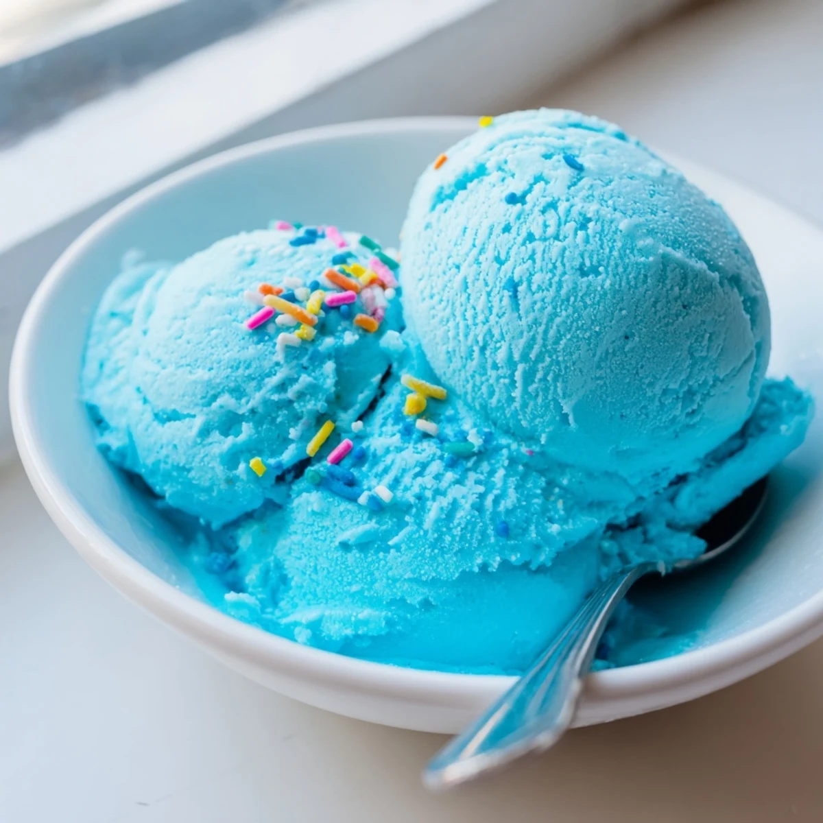 Homemade blue moon ice cream served in crispy cones at a summer party